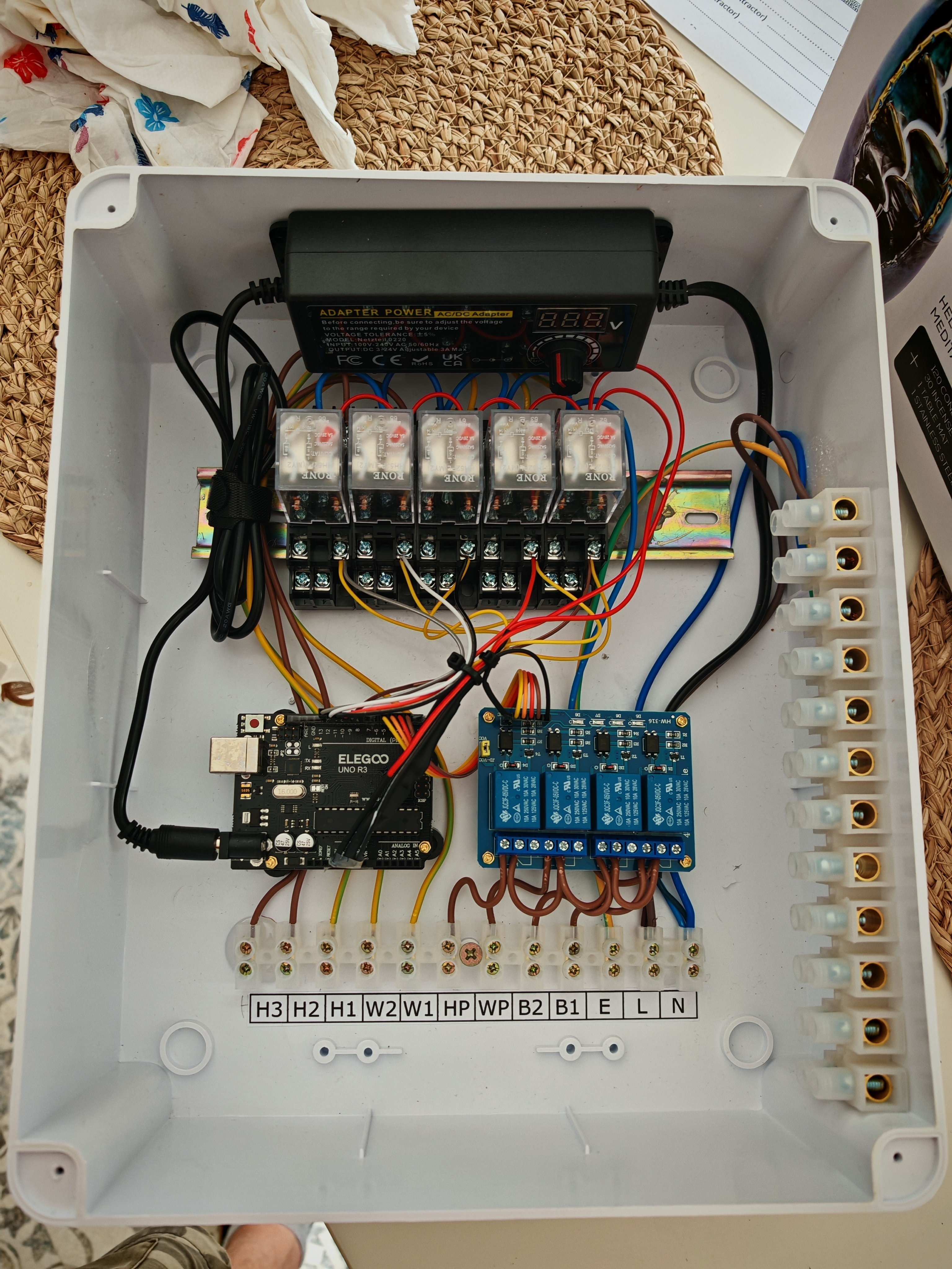 Heating control wiring and labelled electrical controls